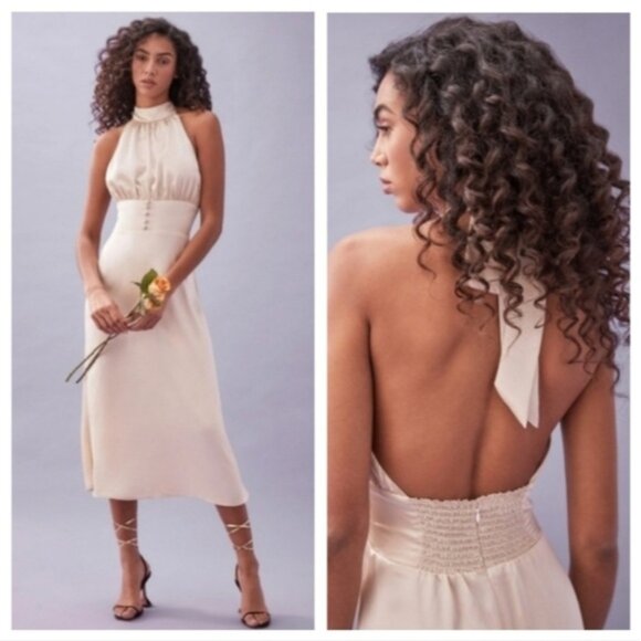 Reformation Kailey Almond Silk Midi Dress Womens Bridesmaid Party Halter Dress 8 - Picture 2 of 16